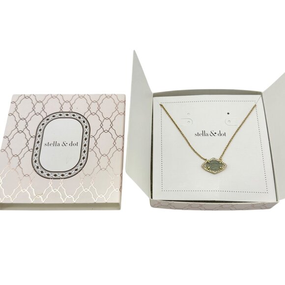 Stella & Dot Gold-Tone Necklace Aqua Druzy Pendant Crystal Accents Original Box - Picture 2 of 7